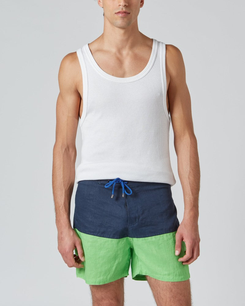 LINEN SURFER SHORTS IN NAVY & GREEN