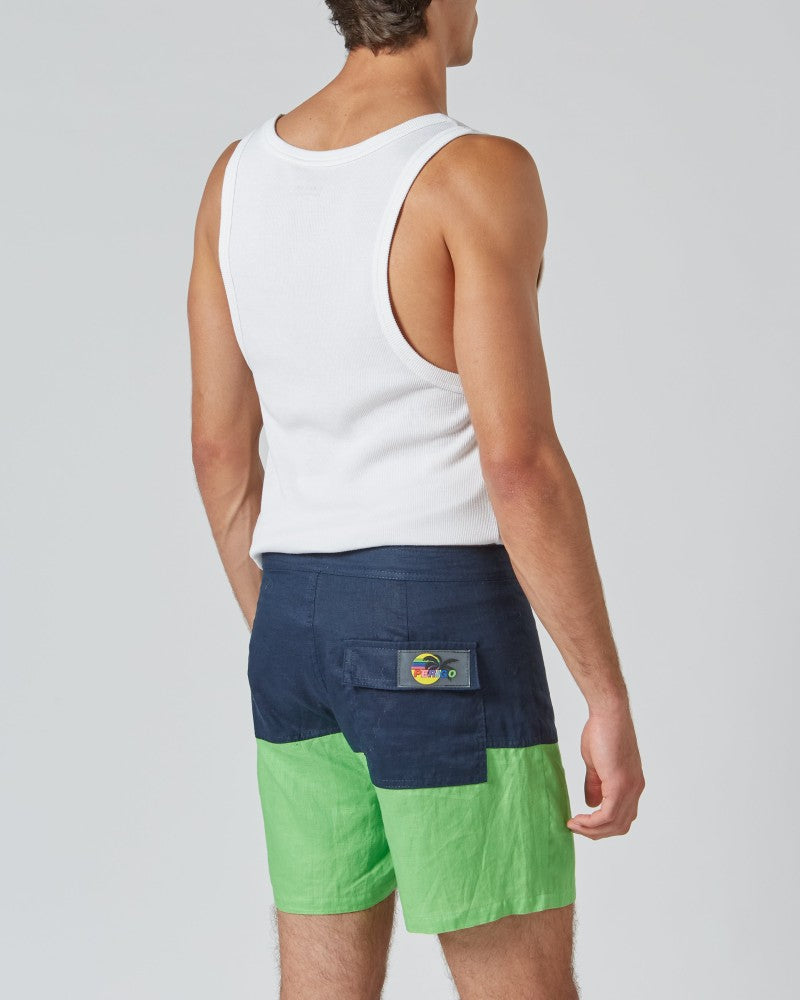 LINEN SURFER SHORTS IN NAVY & GREEN