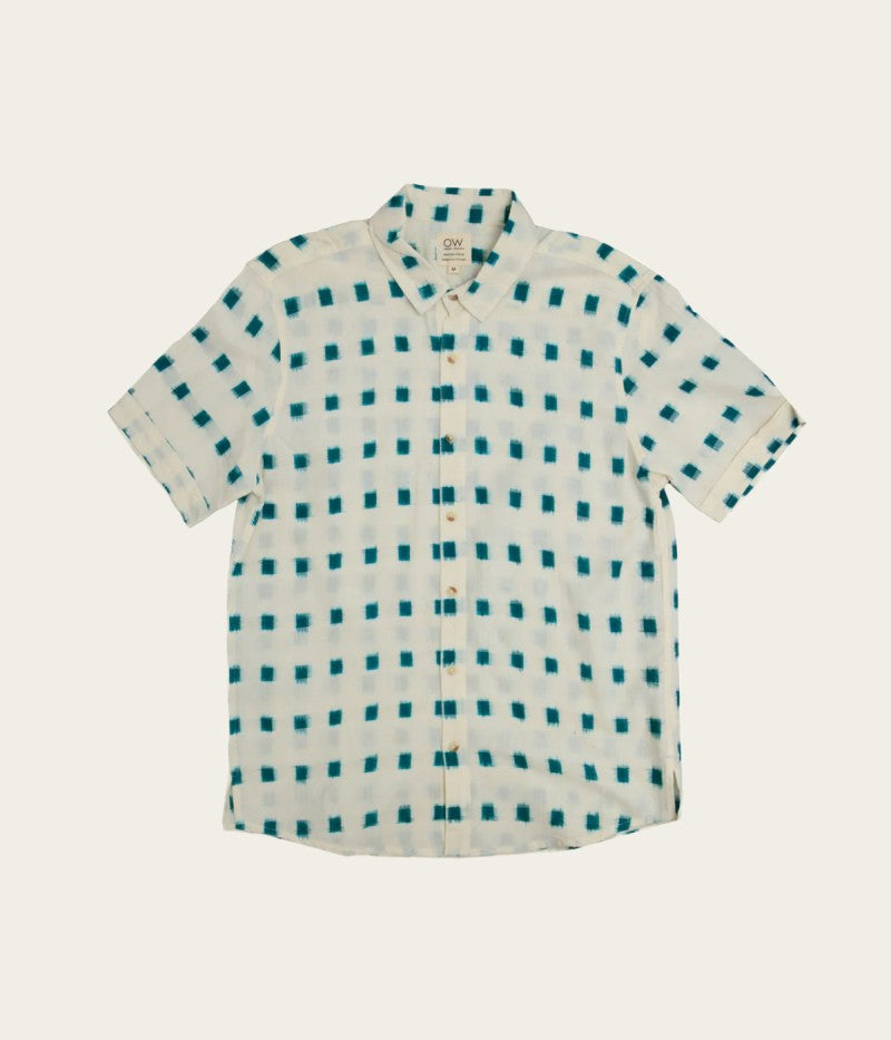 aura hand-woven cotton shirt in white and blue